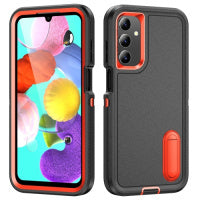 Samsung Galaxy A15 Rugged PC Hybrid Silicone Phone Case with Holder(Black+Orange)