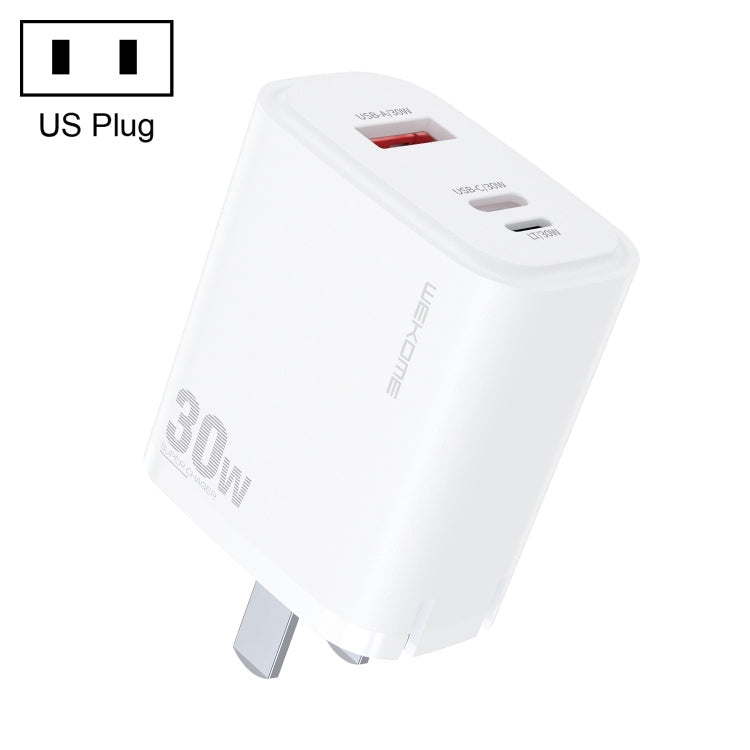 WK WP-U132 PD 30W USB-C/Type-C+USB+8 Pin Bidirectional Charger, US Plug (White)