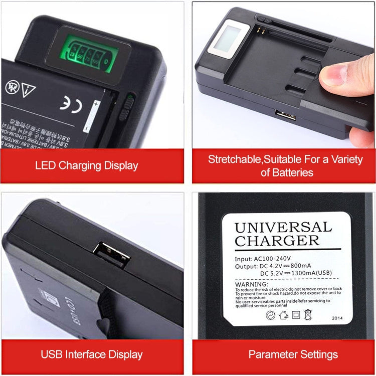 Universal Cell Phone Battery Charger with USB Output & LCD Display, US Plug